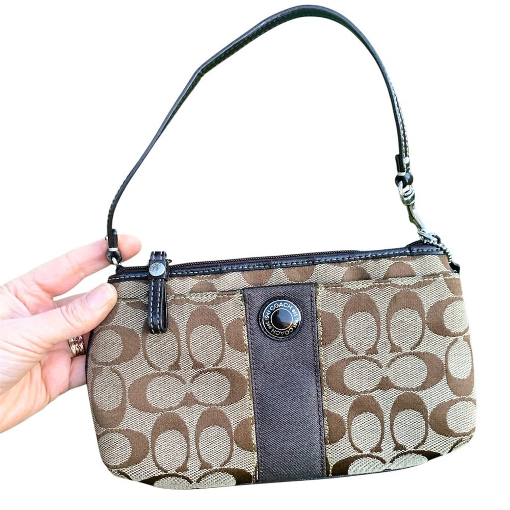 Coach Brown Signature Canvas Wristlet with Dark Brown Trim